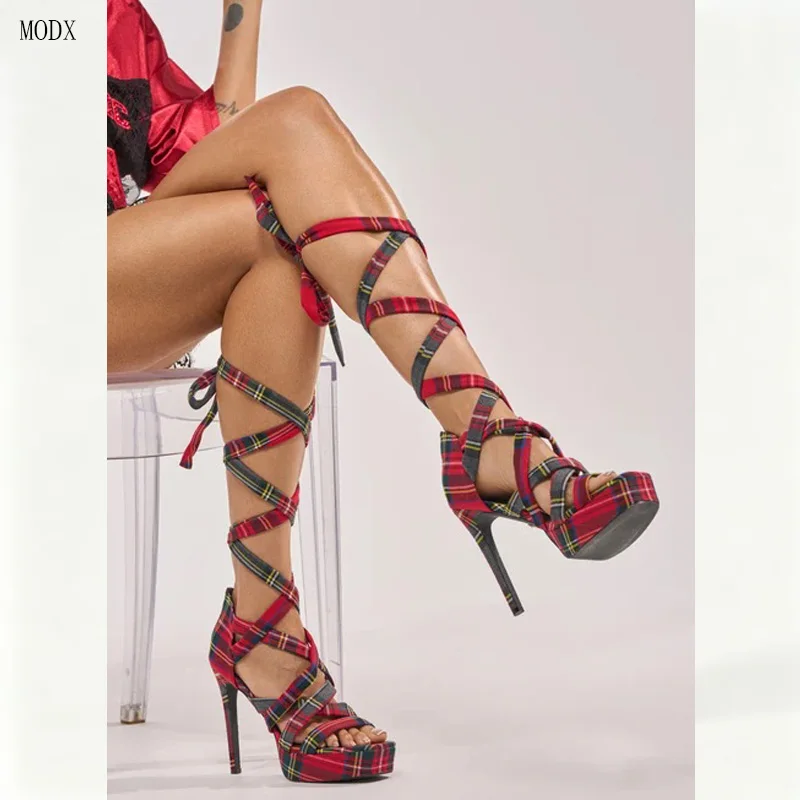 2026 Platform Strappy Sandals Women Thin Stiletto Heels Wrap Leg Lace Up Shoes Summer Grid Mixed Color Party Footwear Sexy 44