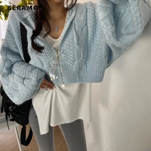2025 Summer Women's Casual Zipper Knitting Long Sleeve Cardigans Korean Solid Color Loose Fit Hooded Coat Fashion Sweater