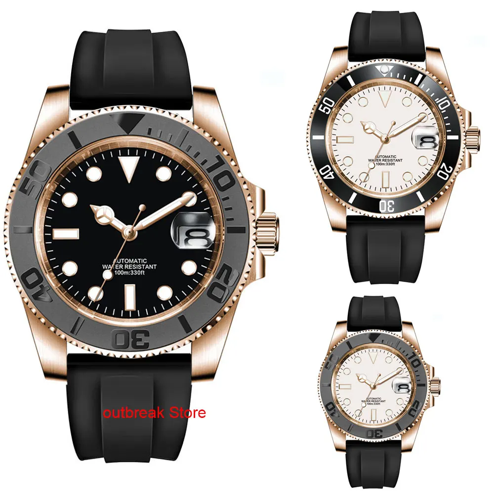 

Custom Fashion Japan 24 Jewels NH35 40mm Rose Gold Watch Case Automatic Men's Watch Miyota YM Brushed Ceremic Bezel Rubber Band