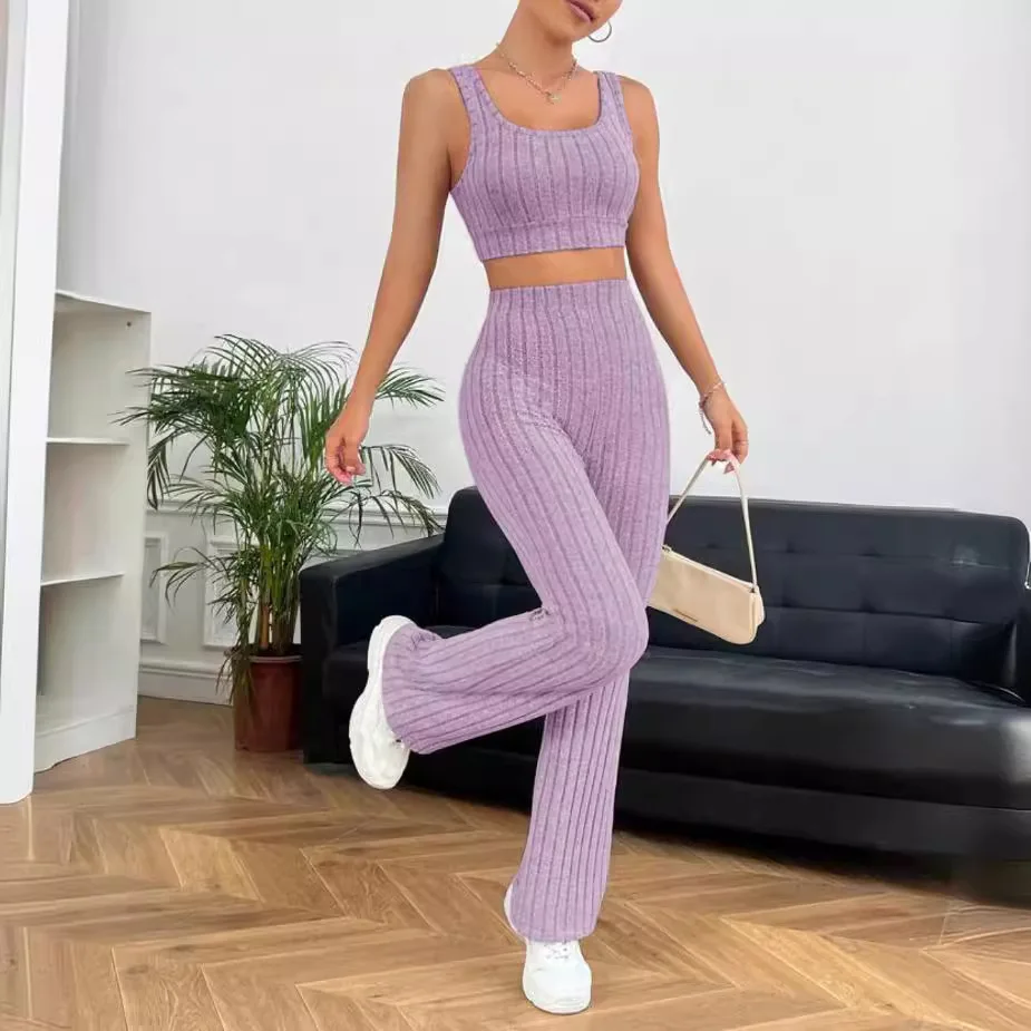 Spring Summer Women\'s Knitted Wide Leg Pants Pant Sets 2024 New Fashion Street Sports Vest Knitted Sets For Women 2 Pieces