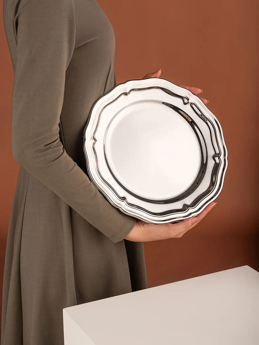 Stainless Steel Vintage Dinner Plate, French Serving Plate, Luxury Serving Dish, Metal Tableware for Steak, Dessert, Fine Dining