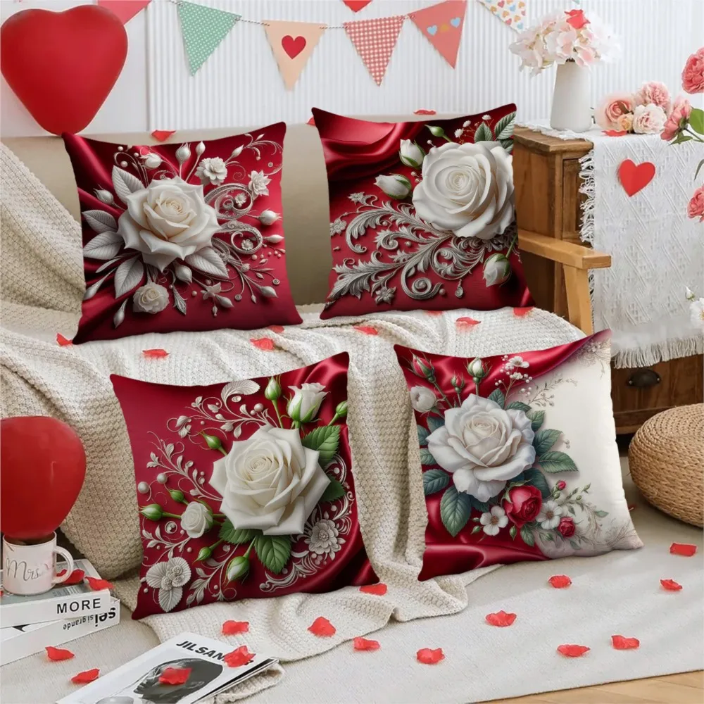 4Pcs Double-Sided Printed Valentine's Day Throw Pillow, Pink Rose Pattern Decorative Pillow, Soft Plush Cushion With Insert