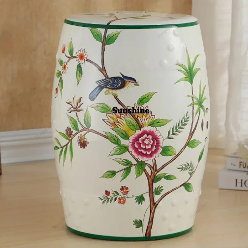 Ceramic Vanity Stool Shoe Stool  Flower Bird Drum Stool Porcelain Pier Embroidered Ottoman Home Decoration H45X28cmY