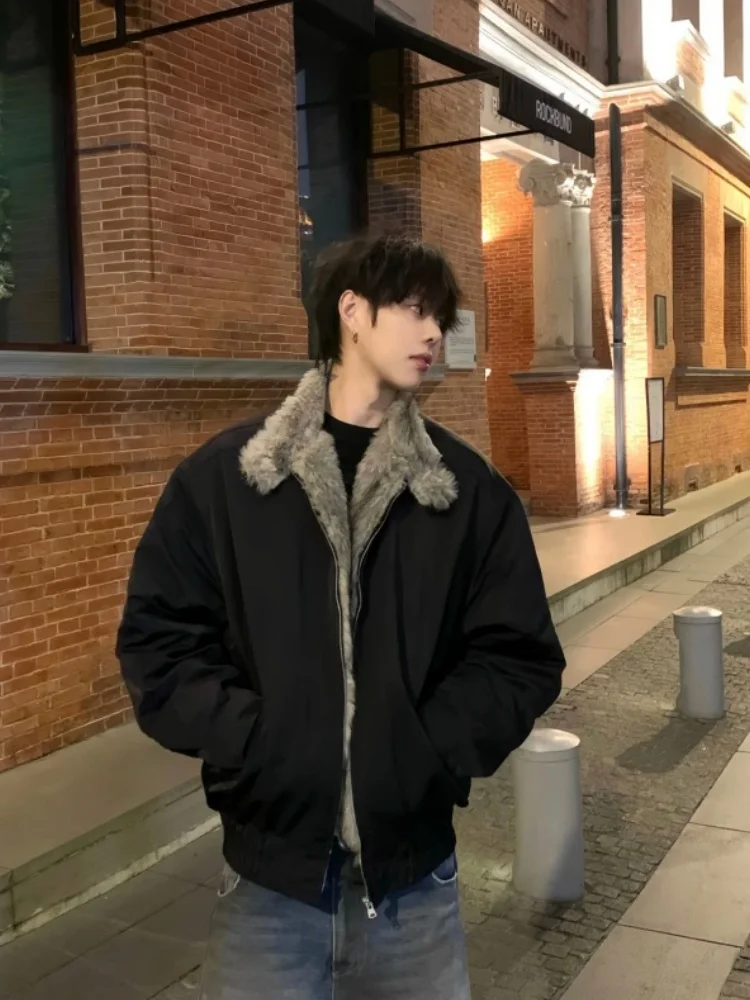 

American Retro Men's Cotton Jaet with Fur Collar Thi Warm ort Sle Lamb Velvet Winter Coat Youth ular Loose Fit