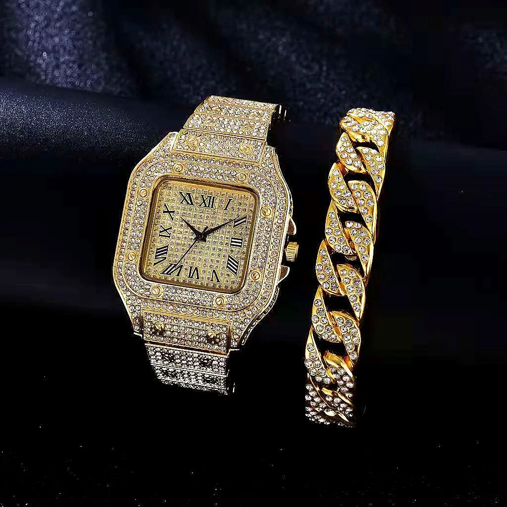 Men\'s Rhinestone Square Big Dial Hip Hop Watch + Rhinestone Chain Zinc Alloy Bracelet Set