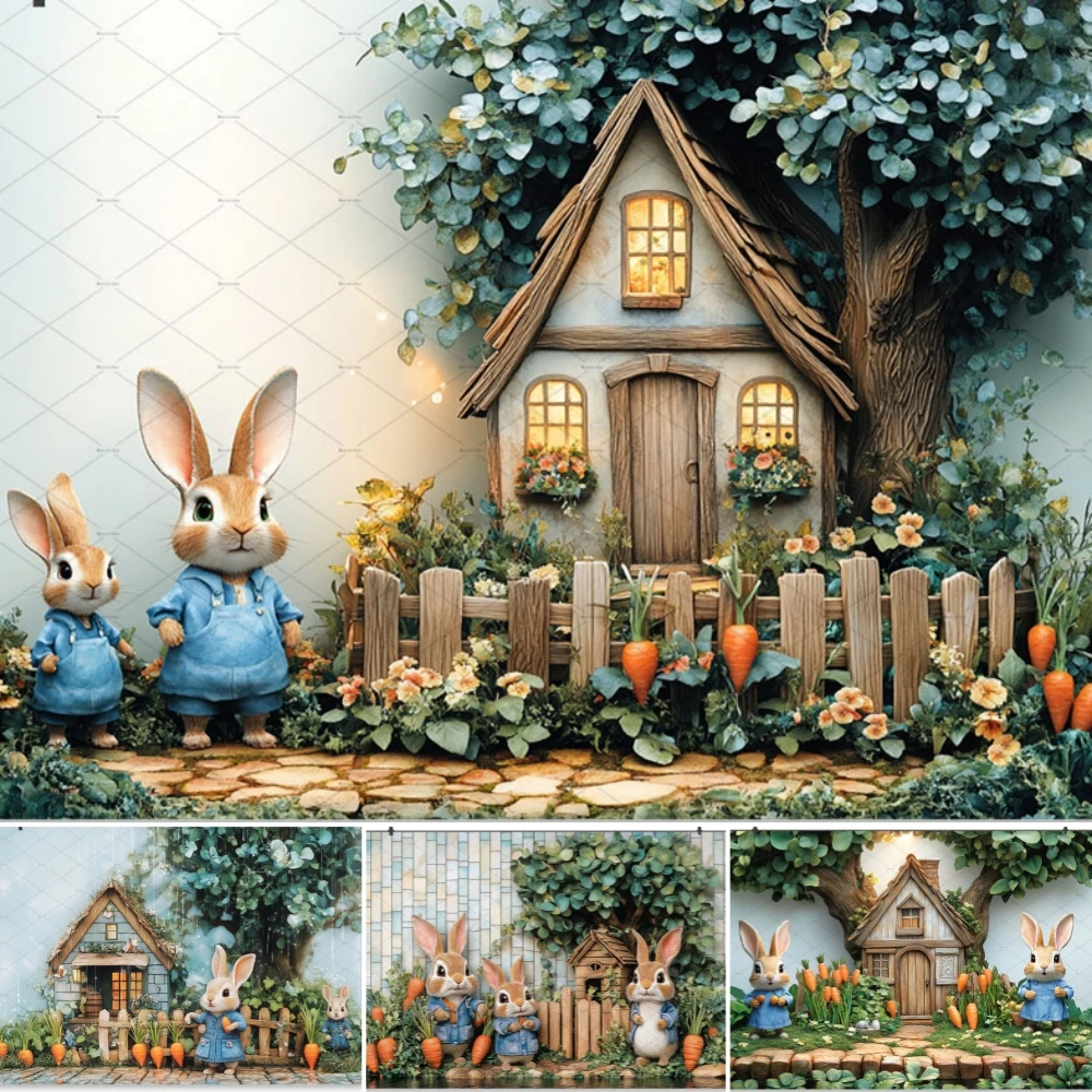 

Easter Backdrop Photo Spring Cute Rabbit Carrot Manor Tree Green Kid Birthday Party Decoration Background Photography Props