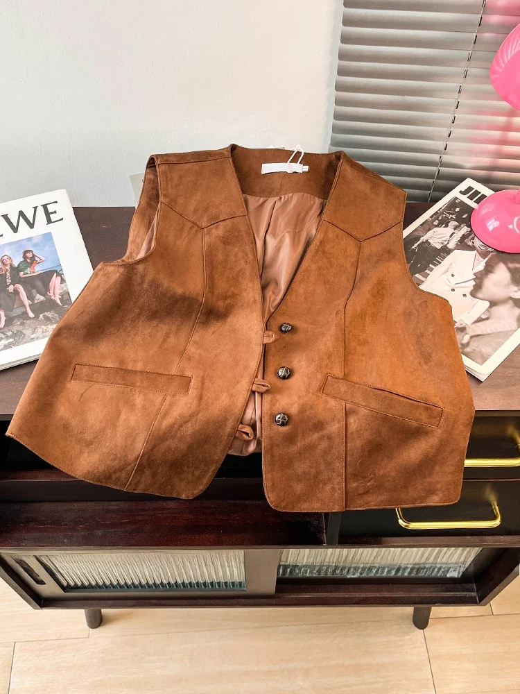 레트로 V넥 여성 조끼 2025 봄 루즈 레이어링 숄더 코트 탑 버튼 레귤러 길이 싱글 버튼 단색