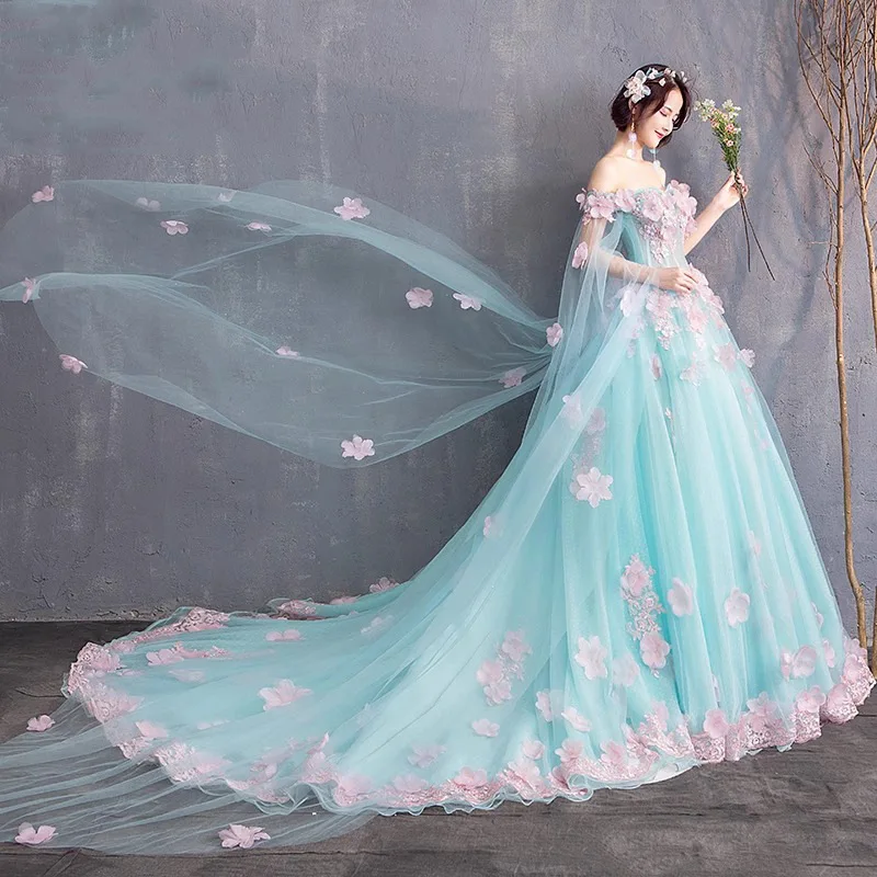 Charming  Pink Flowers Lace Off the Shoulder Quinceanera Dresses Sweep light Blue Tulle Skirt Prom Party Gown robes 15 Years