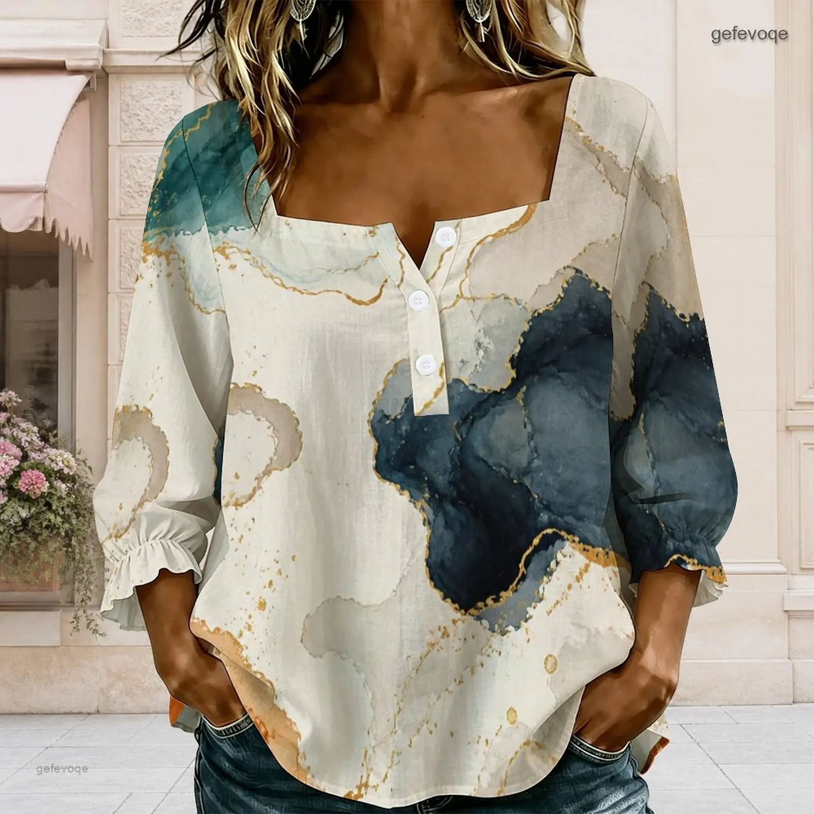 Women Printed Blouse Square Neck Button Detail Long Sleeve Ruffle Cuffs