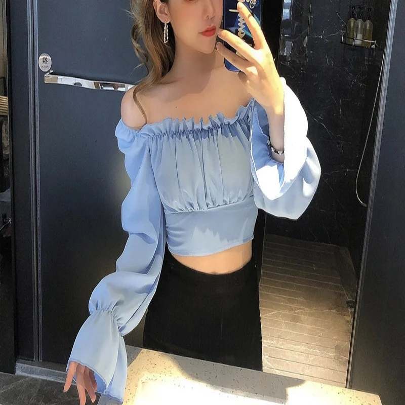 Women\'s Sexy Bandage Long Sleeve Shirt Slash Neck Solid Color Ruffles Crop Tops Ladies Chiffon Off Shoulder Blouse