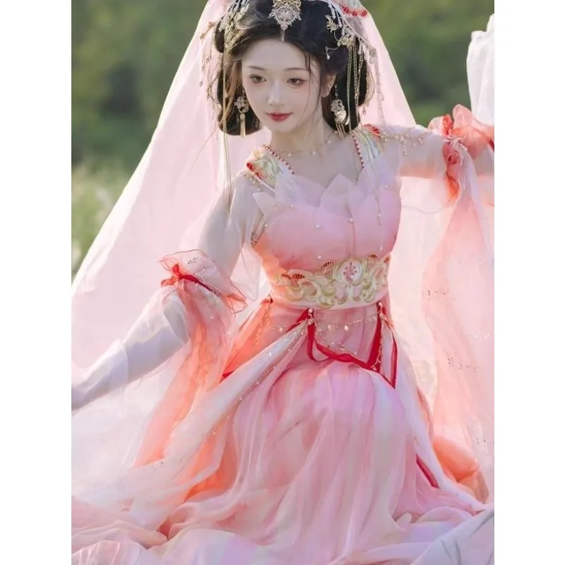 New Hanfu, pink sharks, new Han elements, ancient style fairy skirt, big sleeves, broken skirt.