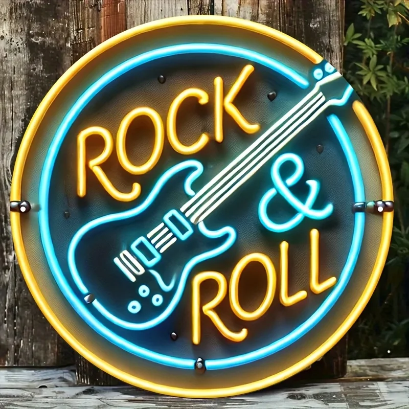 Rock and Roll Neon Style Round Metal Sign, 2D Flat Printed Electric Guitar Art Tin Plaque, Vibrant Blue and Yellow Retro Rock Mu