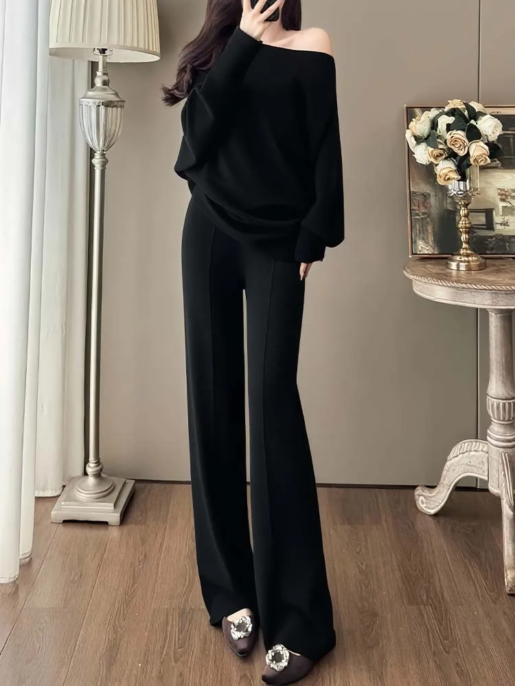 

Высококачественный вязаный свободный свитер с одним вырезом + широкие брюки, комплект из двух предметов, новинка 2025 года, модная женская одежда