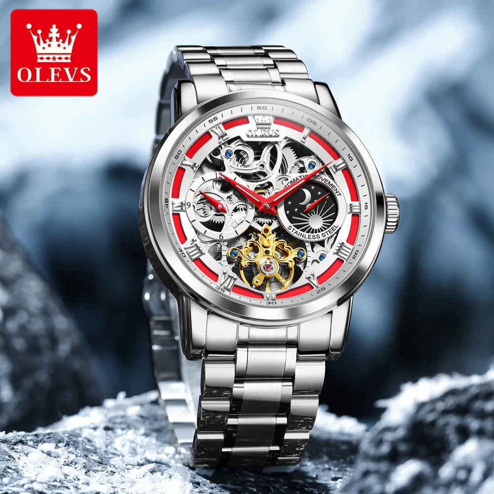 OLEVS 6670 All Automatic Watch Luxury Business Machinery Men Watch Waterproof Stainless Steel Moonphase Watch Hollow Men Watch
