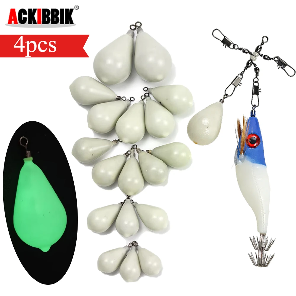 ACKIBBIK 4-teiliges Leuchtendes Angelblei-Set, im Dunkeln leuchtend, birnenförmiges Gewicht mit Wirbel für Tintenfisch- und Oktopus-Jigging-Ausrüstung