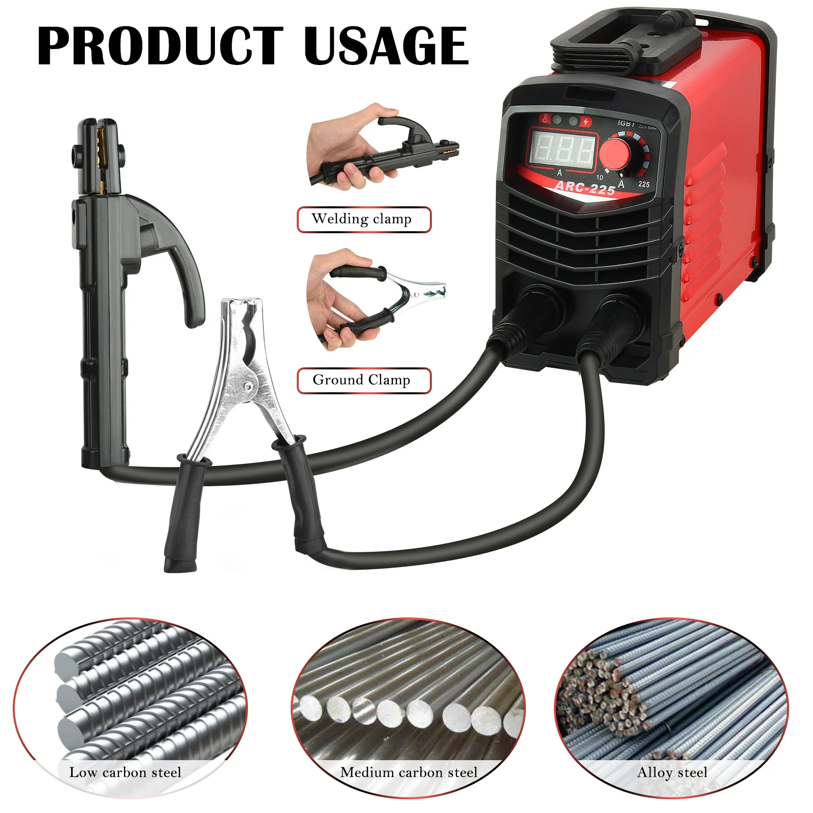 ARC-225 Welding Machine IGBT Electric LCD Welder Inverter Portable Welder with Electrode Holder Grounding Clip Mask Brush