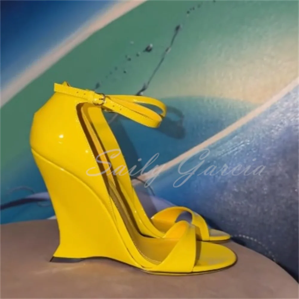 New Yellow High Heel Slope Heel Sandals Women Patent Leather Wedge Heel Buckle Strap Hollow Solid Color Party Dress Pumps