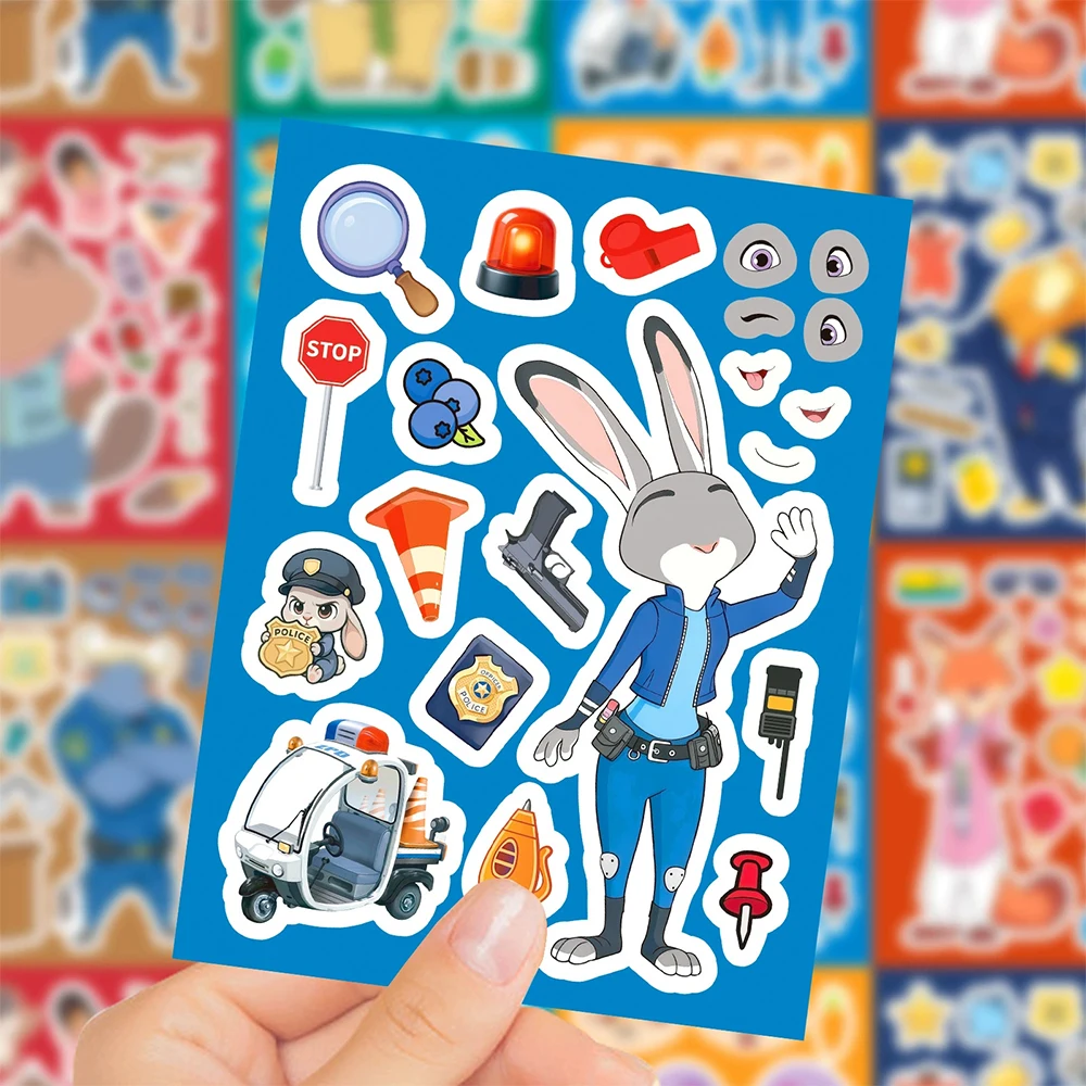 8/16sheets Cute Disney Zootopia Anime Puzzle Stickers Kawaii Cartoon Judy Nick Make a Face DIY Assemble Jigsaw Educational Toys