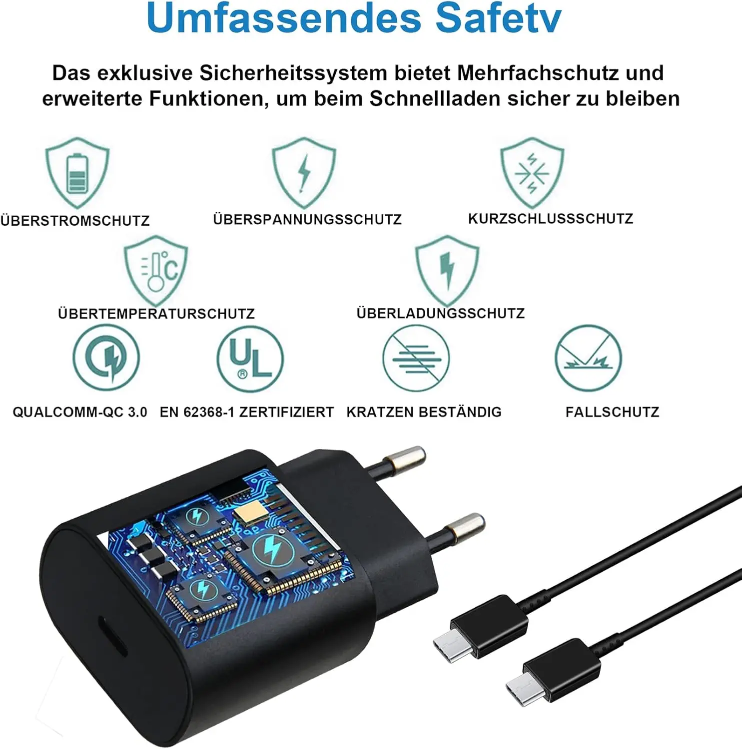 Samsung 25W Schnellladeadapter EU-Stecker Netzadapter Dual Typ-C Kabel Für Galaxy Z Flip 6 5 3 4 S24 S23 A53 A33 A52 A32 F52 – Detail 2