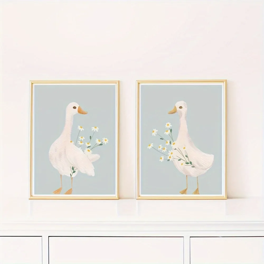 2pcs frameless Canvas Painting 2pcs Frameless Cute Duck and Swan-like Goose Wall Art Poster,Room Decor with Gray and Pink Canvas