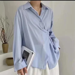 Spring Summer Versatile Temperament Women's Clothing Splice Buttons POLO Collar Long Sleeved Solid Color Casual Chiffon Shirt