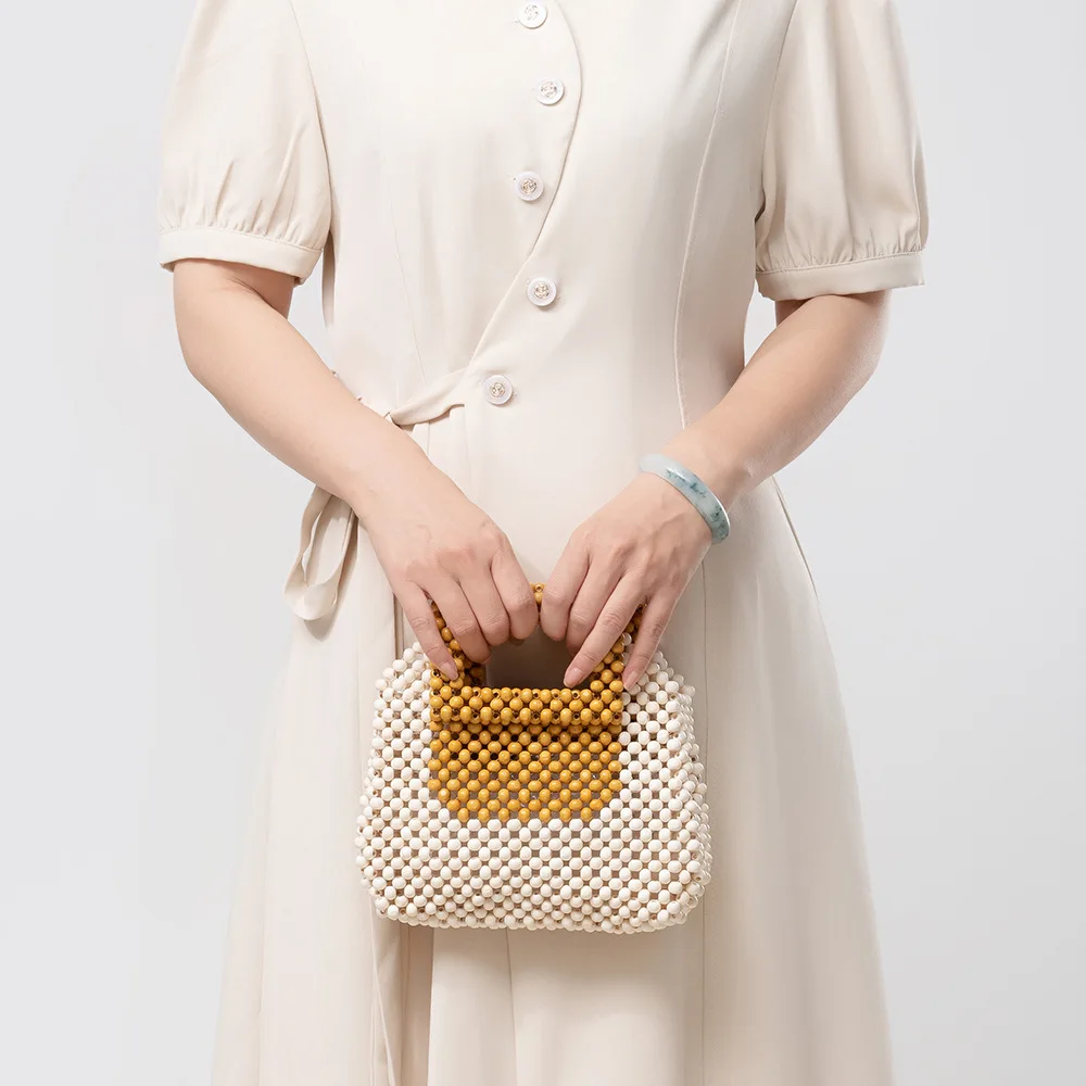 

Wooden Bead Bag for Women, Handmade Summer Beach Bag, Resort Vacation Clutch, Maple Wood Square Purse with Handle