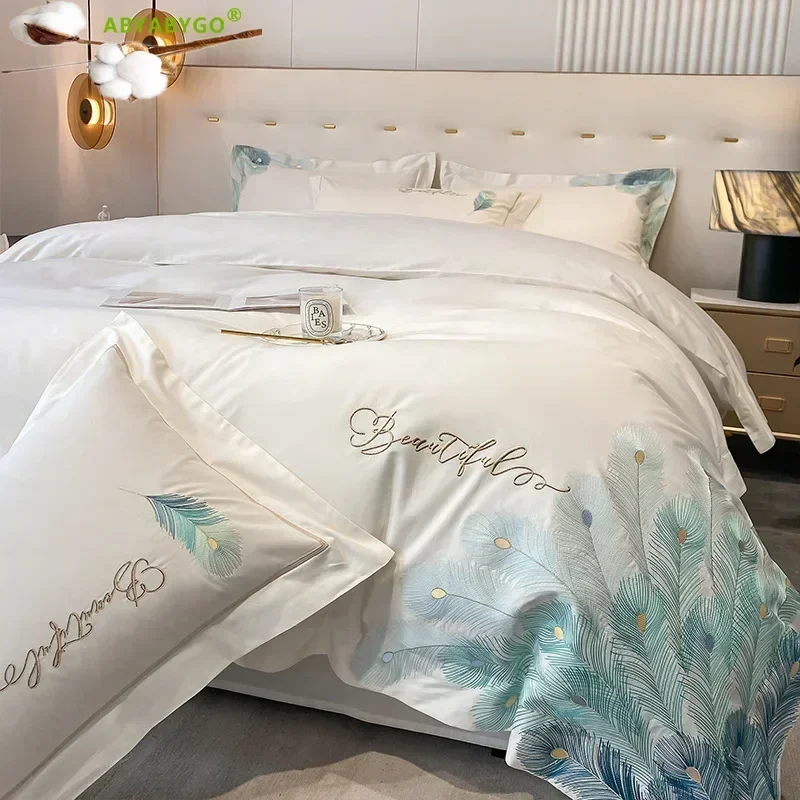 Bedding Set Luxury 40S Pure Cotton Chic Peacock Embroidery Duvet Cover Bed Sheet and Pillowcases King Size Bed Comforter Set