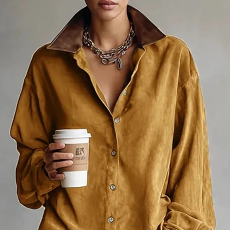 الفرنسية التباين التلبيب زر قميص اللباس امرأة الرجعية الصلبة الجلد المدبوغ فضفاض البسيطة فستان قصير الخريف طويلة الأكمام جيب البلوز اللباس #4