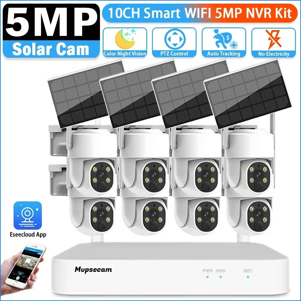 

10CH 5mp HD Wireless Wifi IP Camera PTZ Security System CCTV Solar Camera Video Surveillance WIFI NVR Kit Outdoor Two-Way Audio