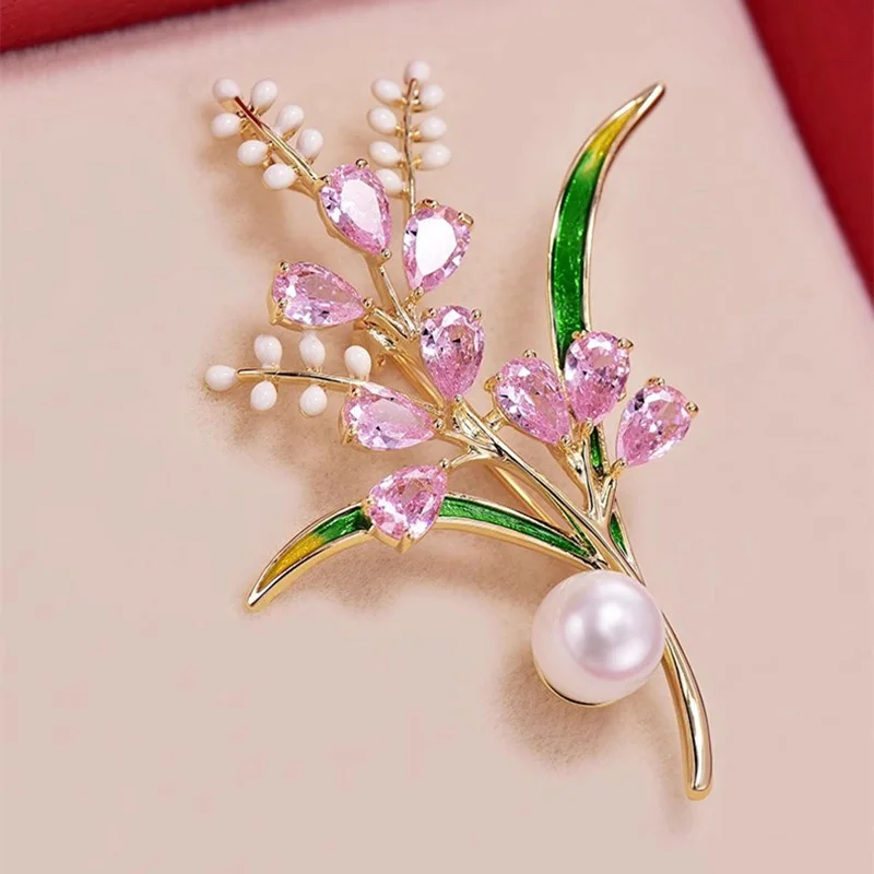 Shiny Crystal Zircon Flower Pearl Brooch For Women Pink Purple Peach Blossom Red Rose Rhinestone Corsage Pins Party Jewelry Gift