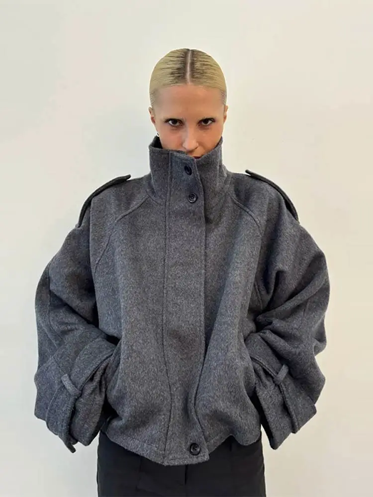 

Fashion Stand Collar Short Jacket For Women Long Sleeve Double Breasted Short Coat 2025 Autumn New Street Elegant Lady Outerwear