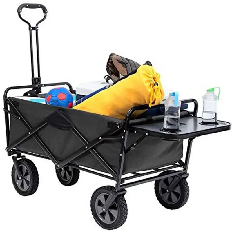 

Heavy Duty Folding Wagon Cart 150lb Capacity Steel Frame Collapsible Utility Cart with Cup Holders Table for Garden Picnic