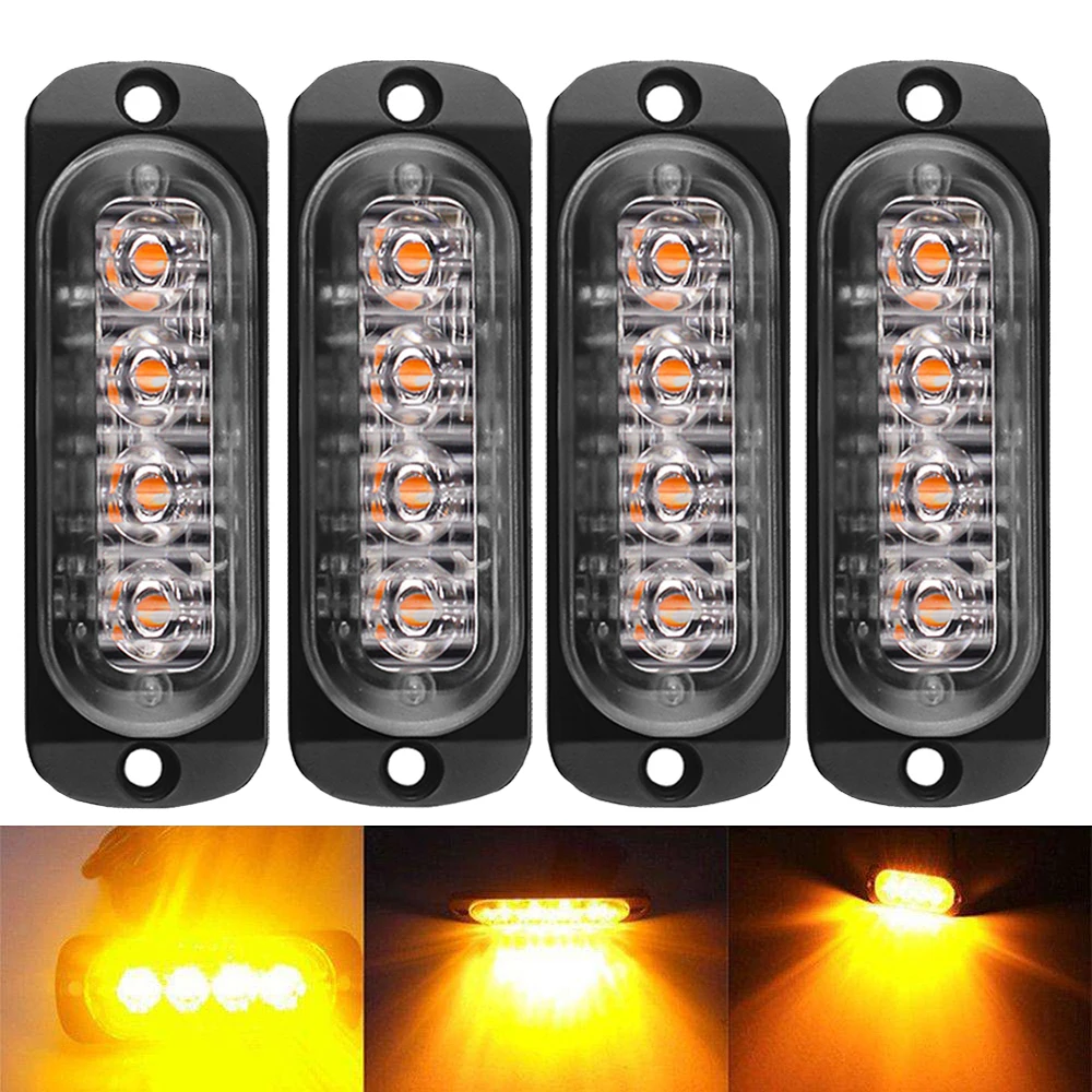 

4PCS Amber 4LED Light Bar Car Truck Hazard Beacon Warning Lamp Grill Breakdown DC12V 24V Yellow Led Lamp Accessories 6500k 3000K