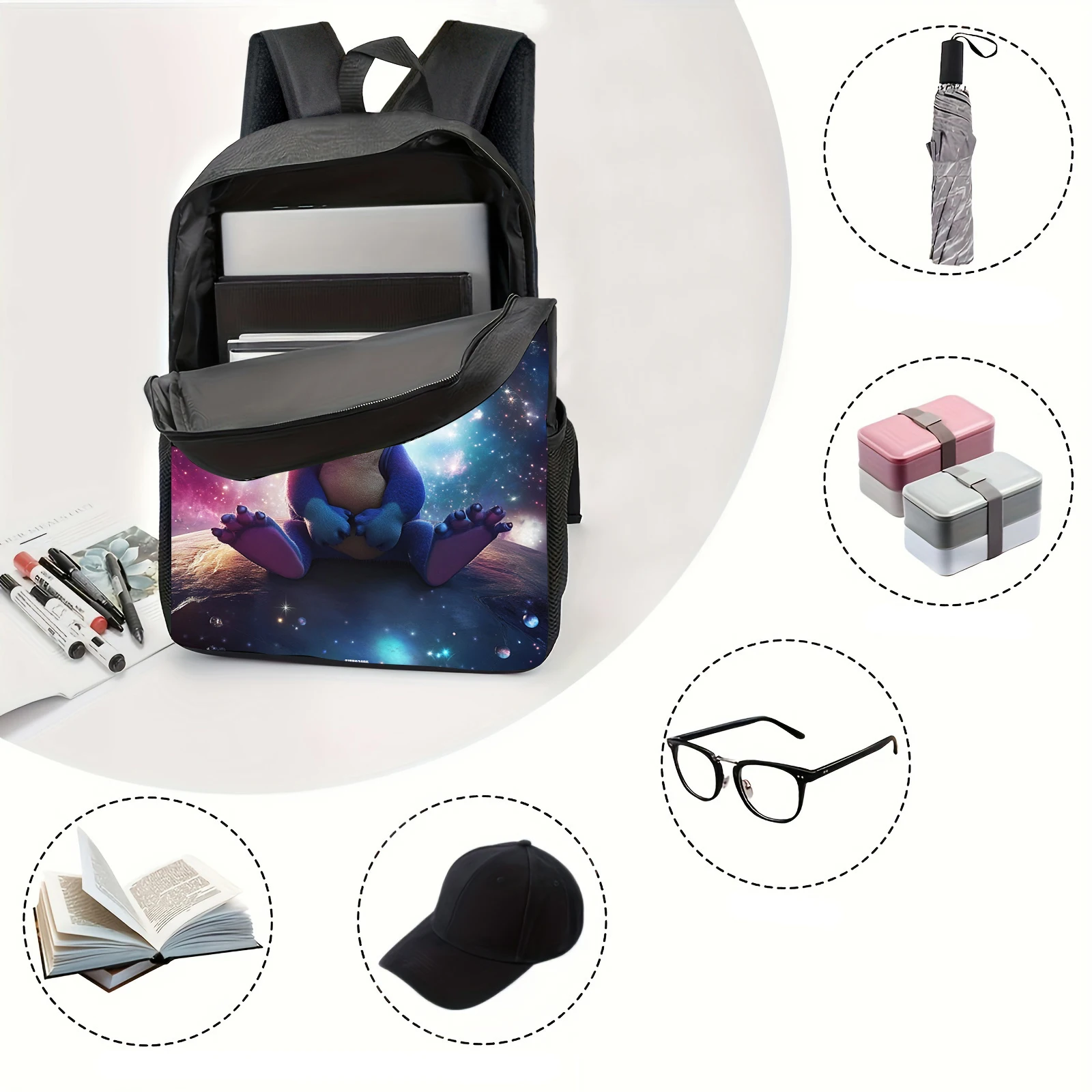 1pc seated Stitch starry sky background printed backpack, student backpack, suitable for travel, daily commuting