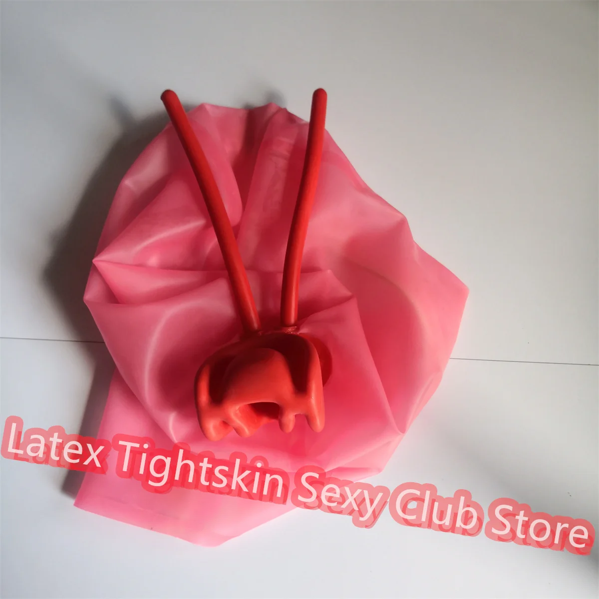 

Sexy Latex Hood Transparent Pink Rubber Mask Open Eye with Long Nose Tube Gag Back Zip Halloween Cosplay Costumes