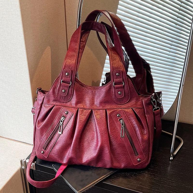 Vintage PU-Leder Tragetasche für Damen, Große Kapazität, Casual Tragetasche, Damen Schulter- und Umhängetasche für Arbeit, Reisen und den täglichen Gebrauch – Detail 1