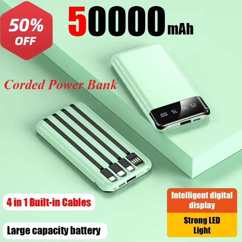 

New 50000mAh Convenient Large Capacity Portable Power Bank with 4-Wire External Battery Charger Cases Mirror for iPhone Xiaomi