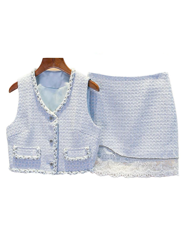 

Ele V-ne Vest Top And Lace Skirt Set Women's High-end Faion Ensemble Polyester Fiber Button Closure Spring Collection