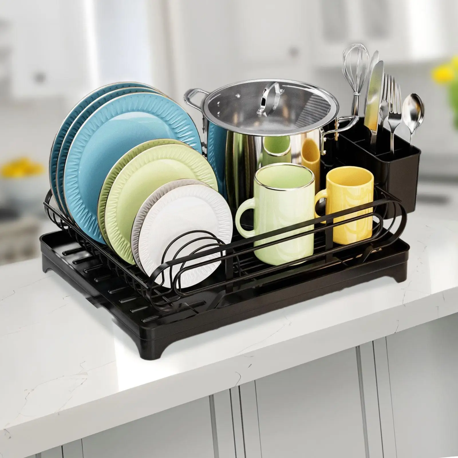 Kitchen Countertop Dish Organizer Rustproof with Drainboard with Cutlery Holder Portable Utensil Holder for Silverware Household