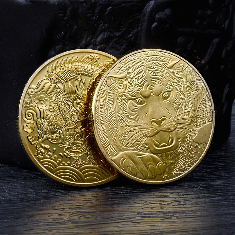 Dragon and Tiger Commemorative Gold Coin Twelve Zodiac Metal Collection Souvenir