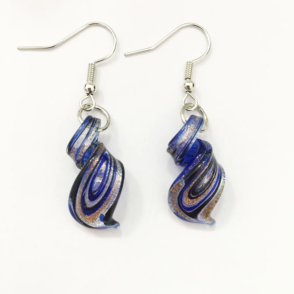 1 Pairs Chinese Style Glass Murano Retro Earring Handmade Personality Pendant Female Spiral Navy Blue Glass Pendant