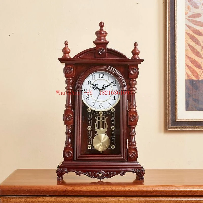 Chinese Solid Wood Clock Chimes on The Hour, Retro Desk Clock, Home Living Room Desktop Desktop Clock, European Clock Ornament