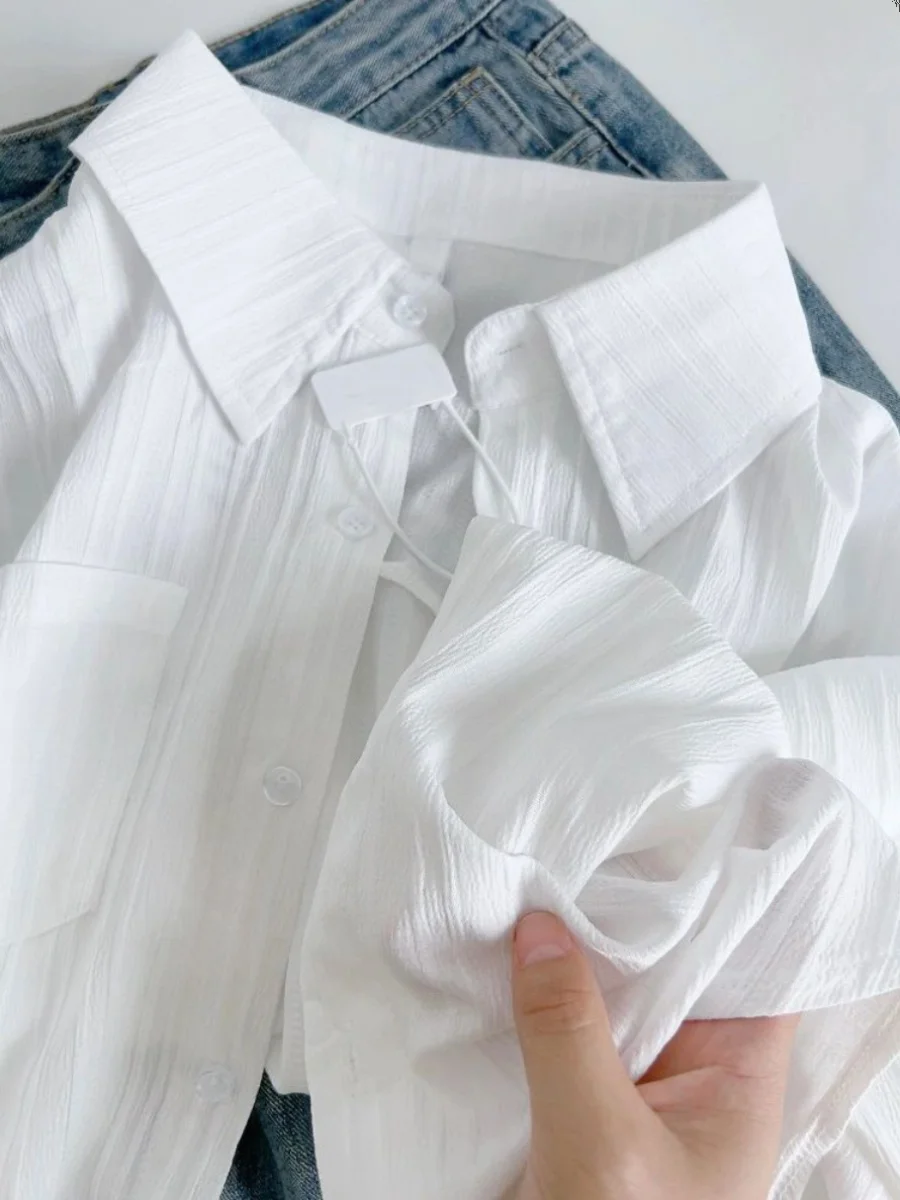 

White Striped Textured Women's irt Spring New plus Size Outerwear Design Sensation Small ence Top Korean Sle Loose Fit