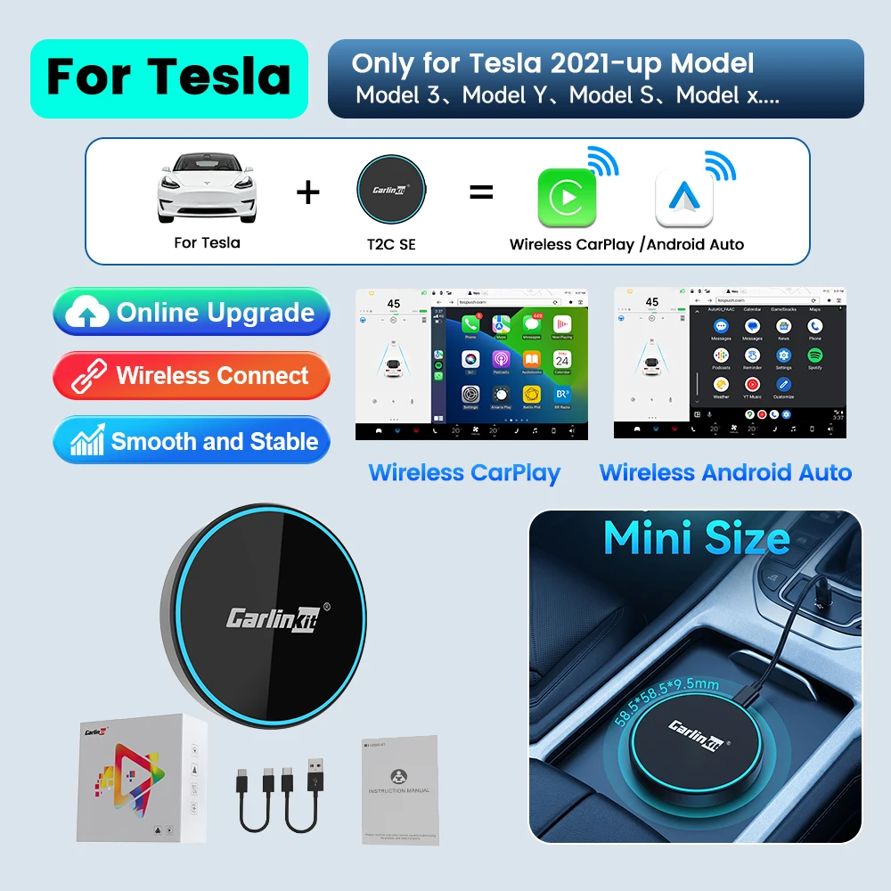 Nieuwe CarlinKit T2C-SE Draadloze Android Auto & CarPlay Adapter voor Tesla Model 3 Model Y Gemakkelijk Verbinden Waze Spotify Gesplitst Scherm OTA
