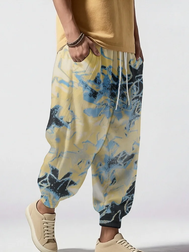 Men Abstract Ink Star Print Harem Jogger Pants Loose Balloon Carrot Fit Elastic Drawstring Waist Casual Streetwear Sweatpants