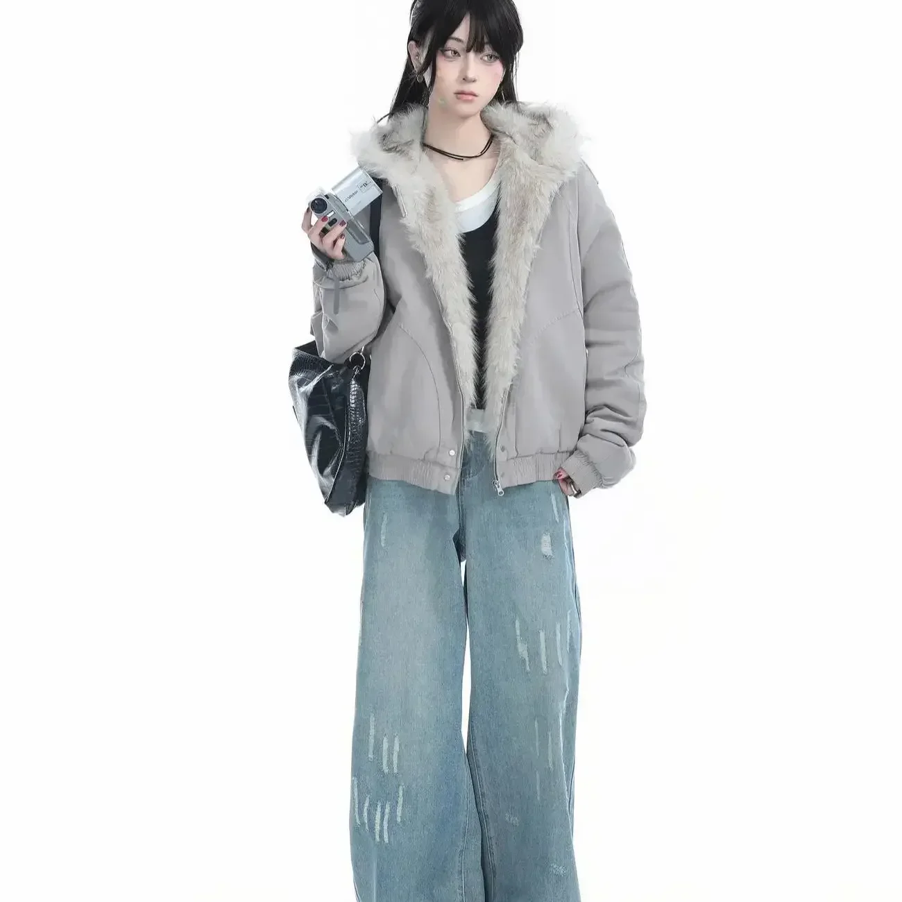 2000s American Vintage Faxu Fur Coats with Hooded Women Long Sleeve Subculture Harajuku Sweatshirts Outwear Chic Korean Fashion