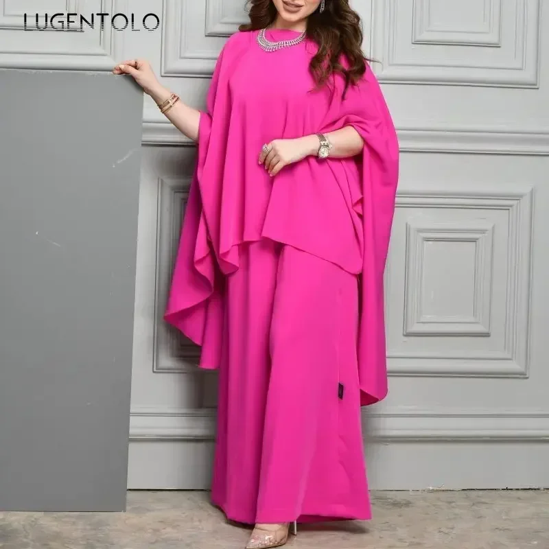 Women Temperament Robe Pants Sets Middle East Loose Top Elegant Spring Summer Pullover Wide-leg Trousers Pink Two-piece Set