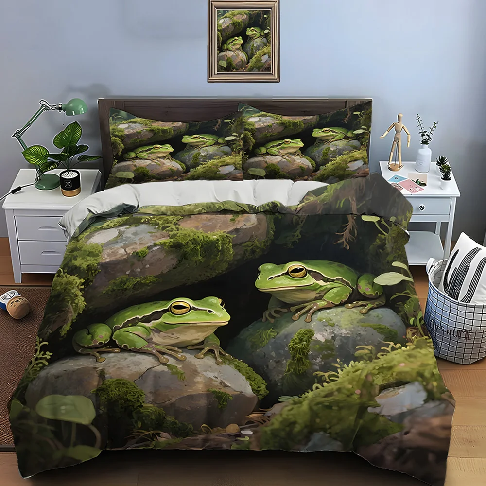 Two frogs resting on rocks Bedding Set for Kids Luxury Gift 3pcs Digital Print Comforter Set Soft Comfortable Breathable