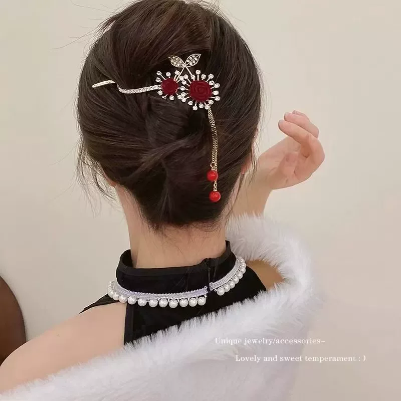 

Female Elegant Butterfly Red Flower Tassel Twist Hair Clip Women Barrettes French Hairpin New Headwear Hair Accessories