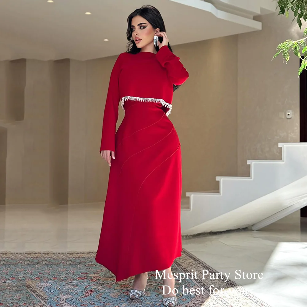 

Unique Arabian Evening Dress for Woman Customized Round Neck Long Sleeves Ankle Length Arabic Prom Gown Red Party Dresses